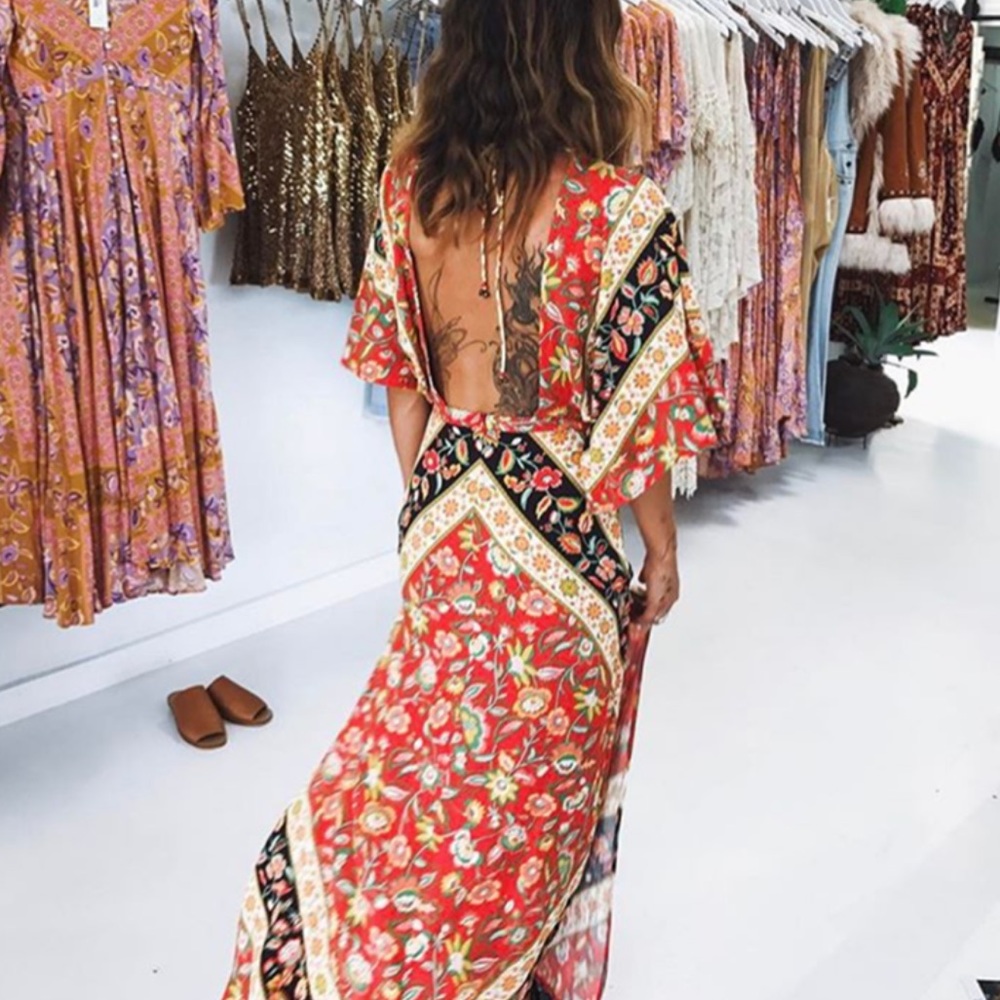 Backless Boho Gypsy Maxi Dress Floral Long Sleeve - Picture 8 of 11